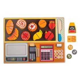   Fából Készült Játékkassza és Élelmiszer Szeletelő Puzzle, 30x22 cm