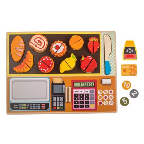 Fából Készült Játékkassza és Élelmiszer Szeletelő Puzzle, 30x22 cm