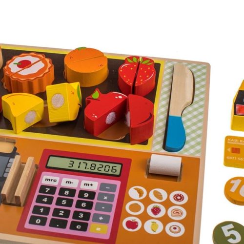 Fából Készült Játékkassza és Élelmiszer Szeletelő Puzzle, 30x22 cm