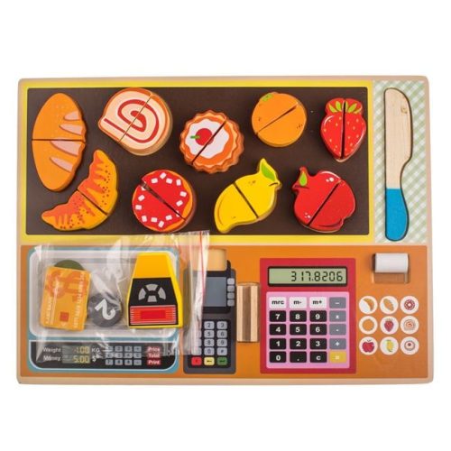 Fából Készült Játékkassza és Élelmiszer Szeletelő Puzzle, 30x22 cm