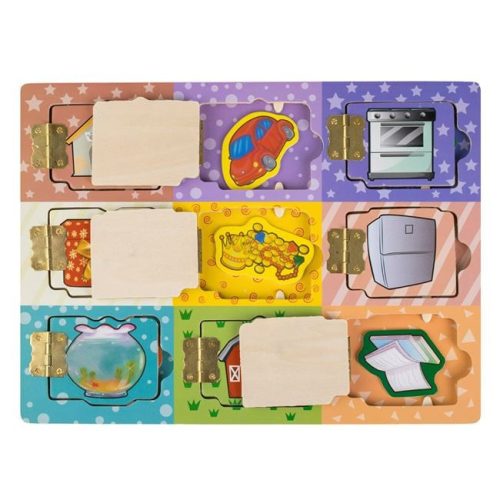 Fa készségfejlesztő puzzle kinyitható ajtókkal és tárgyakkal, 30x22.5cm