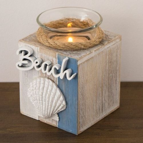 Natúr fa mécsestartó kagyló díszítéssel, 7x7x10 cm