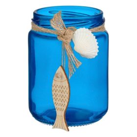   Áttetsző Kék Üveg Mécsestartó Kagylóval és Hal Dísszel Ø6x9.5cm