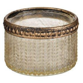   Frosty üveg mécsestartó dombornyomott mintával és bronz szegéllyel, Ø6x4cm