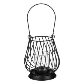   Fekete Ovális Fém Mécsestartó Csíkozott Oldalfalallal és Üveg Pohárral, Ø12x13.5cm