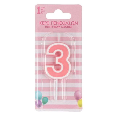 Pasztellrózsaszín Születésnapi Számgyertya - 3-as szám