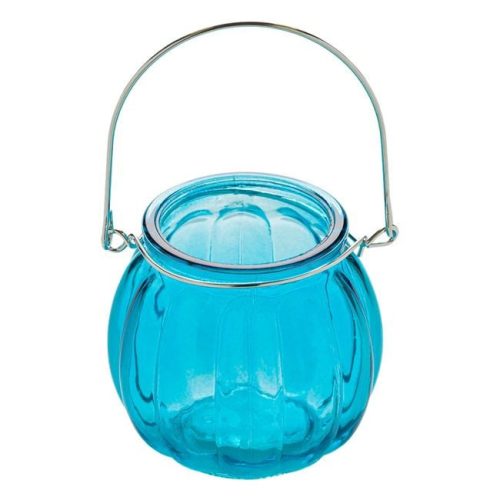 Kék Tök Formájú Üveg Mécsestartó Lámpás Fém Fogantyúval Ø7.5x8cm
