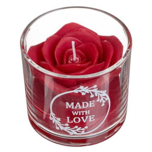 Vörös Rózsa Illatgyertya Fehér Pohárban „Made with Love” Felirattal, Ø8x7 cm