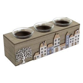 Mintás Fa Mécsestartó 3 Üvegpohárral, 24x7x8cm