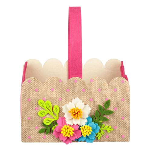 Dekoratív fukszia filc húsvéti kosár nyuszikkal és füllel, 18x13.5x11 cm