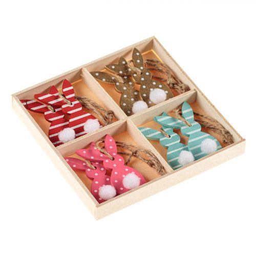 Függő Fa Húsvéti Dekoráció - Színes Nyuszik Fehér Pomponnal, 5cm - 8db