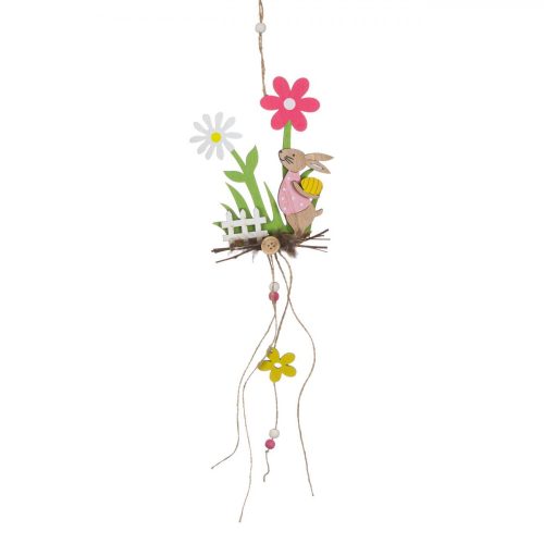 Húsvéti függő dekoráció fából - Nyuszi, tavaszi virágokkal 12x52 
