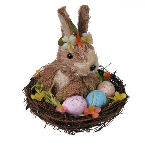 Húsvéti dekoráció - Természetes rost nyuszi, kosárban, tojásokkal