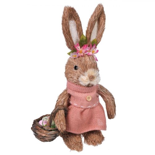 Húsvéti dekoráció - Természetes rost kislány nyuszi, rózsaszin ruhában 31 cm
