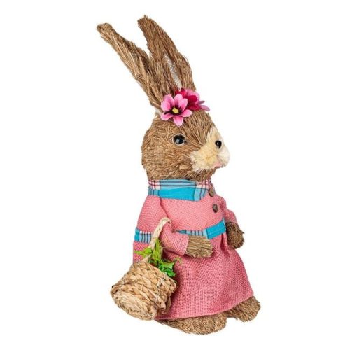 Húsvéti dekorációs nyuszi figura, fű hatású, rózsaszín ruhában, kosárral - 36 cm