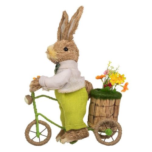 Húsvéti dekorációs nyúl figura kerékpárral, fű hatású, 42 cm