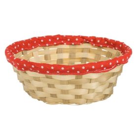   Bambusz dekoratív kerek kosár, piros anyaggal és bézs pöttyökkel Ø22x8cm
