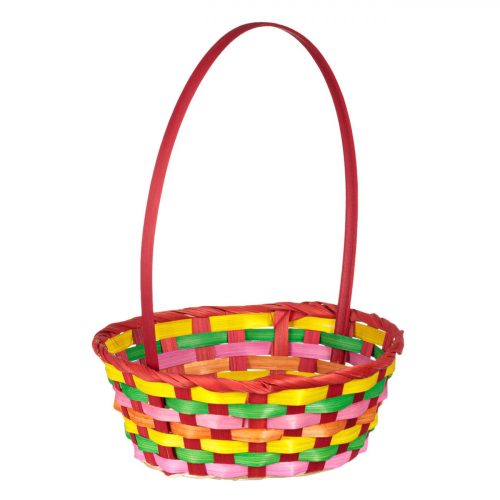 Piros Fonott Húsvéti Kosár Bambusz Füllel, Színes Csíkokkal Ø22x30cm