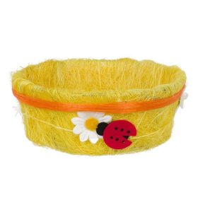   Húsvéti dekorációs kosár - Sárga szizál, margarétával és katicabogárral, Ø15x6cm