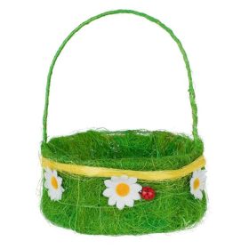   Húsvéti Dekoratív Kosár Szizálfűből, Margarétával és Katicával, Zöld, Ø15x7cm