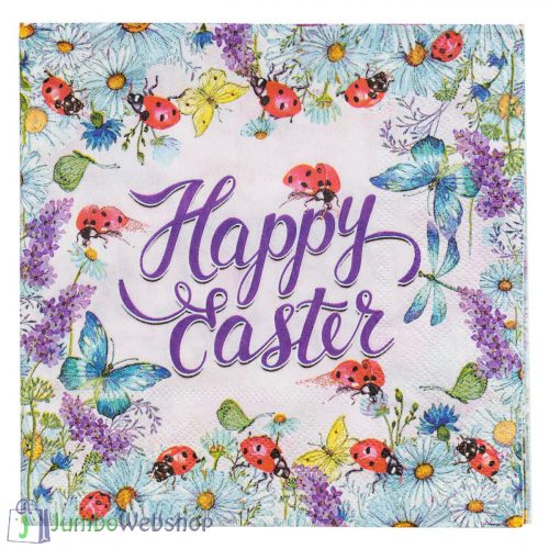 Katicabogaras és Virágos Húsvéti Szalvéta - Happy Easter 33x33cm, 20 db
