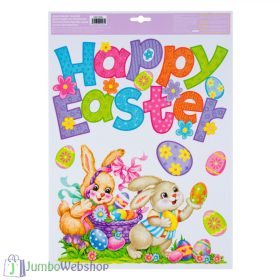   Húsvéti ablakmatrica - Nyuszik, tojások és „Happy Easter” felirat, csillámos, 29x41 cm