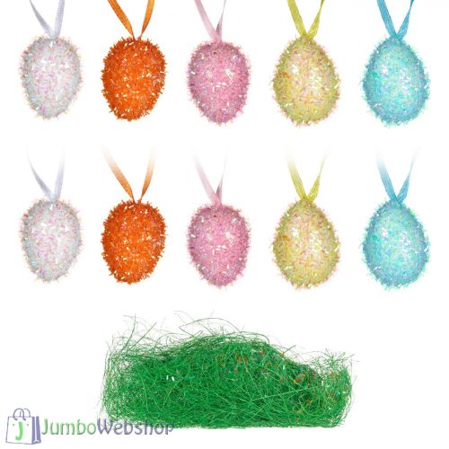 Húsvéti dekoratív tojás - 10 db csillogó tojás fűvel