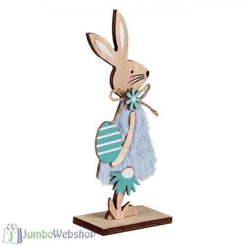 Húsvéti asztali dekoráció - Fa nyuszi kék szőrmével és tojással, 6.5x4x18cm