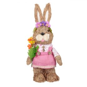   Természetes rost nyuszi virágokkal, rózsaszín ruhában 34 cm