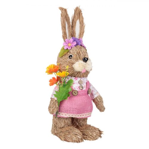 Természetes rost nyuszi virágokkal, rózsaszín ruhában 34 cm