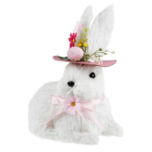 Húsvéti füves dekoráció - Fehér nyuszi figura rózsaszín kalappal és virágokkal, 30cm