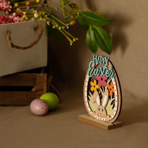 Húsvéti Fa Dekoráció - Tojás Nyuszifejjel és Virágokkal "Happy Easter" 12x4x15,8cm