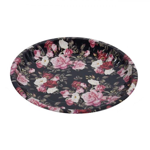 Húsvéti fém tálca - 25,5 cm - fekete, virágmintával