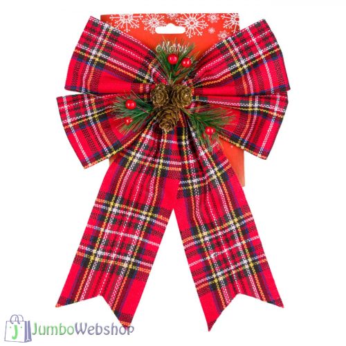 Nagy piros kockás masni tobozokkal 30 cm