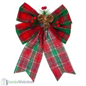 Nagy piros-zöld kockás masni tobozokkal 32cm