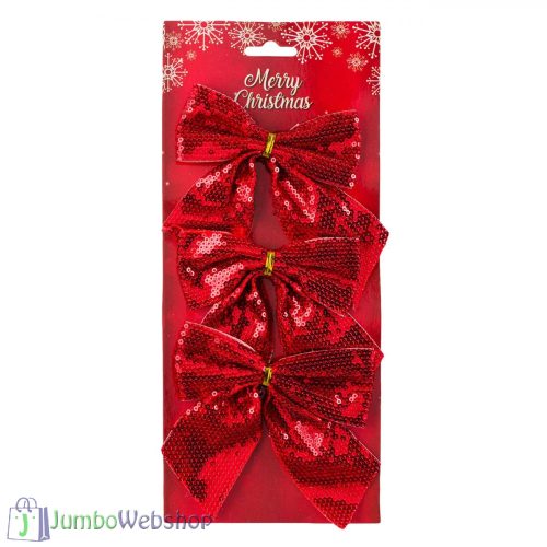 Piros, flitteres karácsonyi masni 3db 13cm