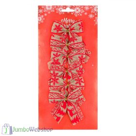 Piros-bézs vászon karácsonyi masni 6db-9cm