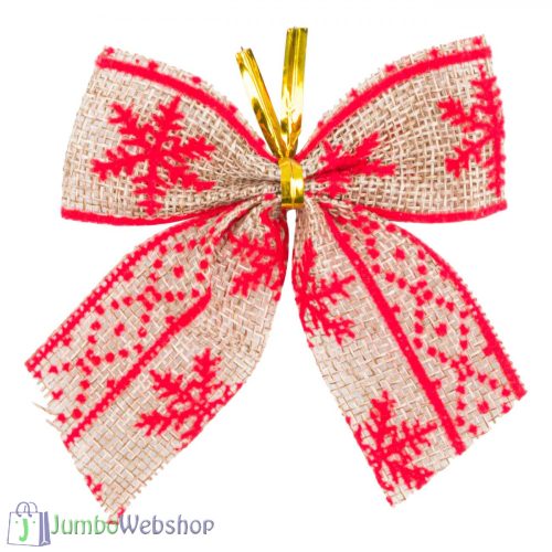 Piros-bézs vászon karácsonyi masni 6db-9cm