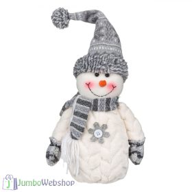   Plüss - álló hóember dekoráció szürke sapkával - 32cm