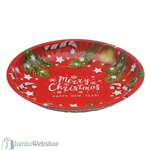 Karácsonyi mintás fémtálca -26cm - Piros