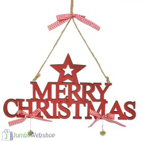   Karácsonyi függő dekoráció fából - piros - merry christmas - 30cm