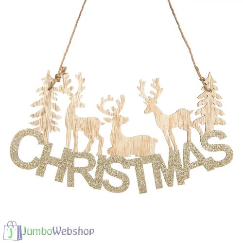 Karácsonyi függő dekoráció fából - christmas felirattal - rénszarvasokkal - 30cm