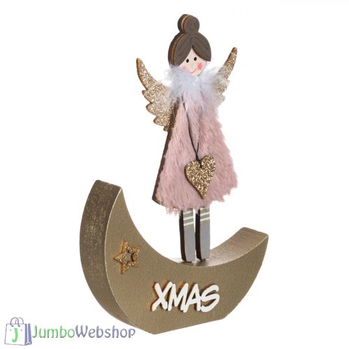 Félholdon álló angyalka bundás ruhában - 19 cm - fából