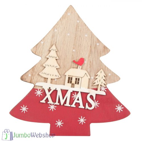 Fenyőfa házikóval és XMAS felirattal díszítve 14 cm