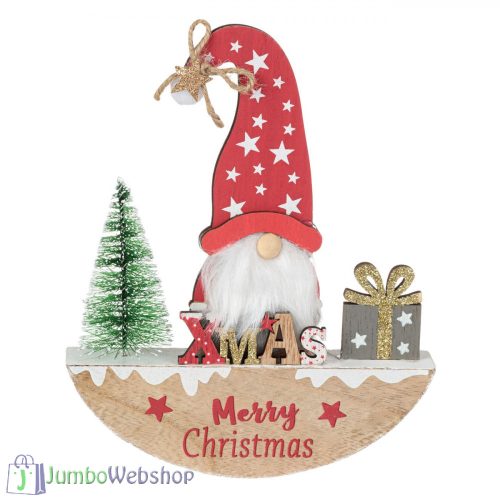 Fa állvány mikulás manóval és fenyőfával 18 cm