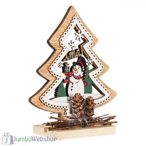 Karácsonyfa tobozokkal és hóemberrel díszítve - 14 cm