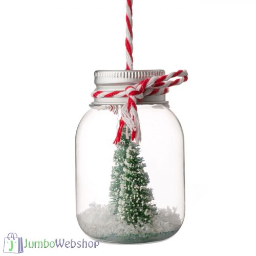 Üveg karácsonyfadísz, befőttes üveg mini fenyőfákkal