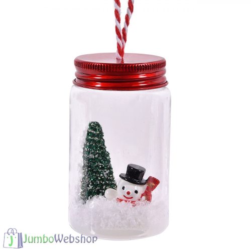 Üveg karácsonyfadísz, befőttes üveg hóemberrel