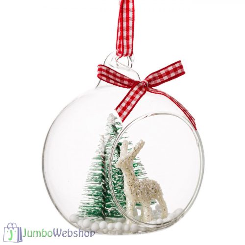 Üveg karácsonyfadísz - gömb nyílással, rénszarvassal 8 cm