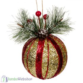 Piros-arany karácsonyfadísz - gömb fagyönggyel, 8 cm